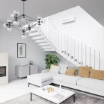 Mitsubishi Electric LN helmenvalkoinen ilmalämpöpumppu olohuoneen portaikossa